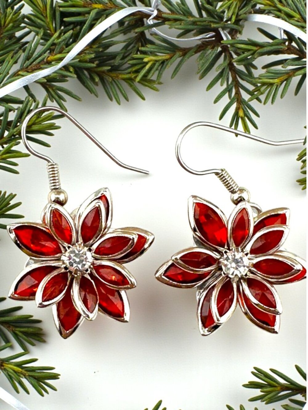 Red Poinsettia Earrings Rhinestone Christmas Holiday Surgical Steel